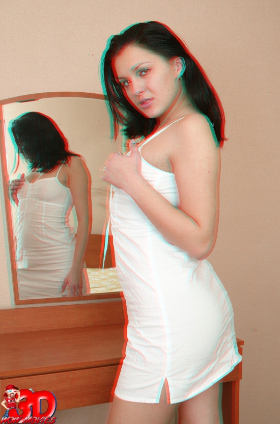 brunette babe in white dress ready for real 3d striptease