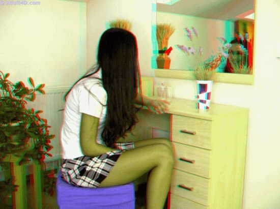 Victoria a sexy schoolgirl in white top and miniskirt looking in the mirror in 3-d